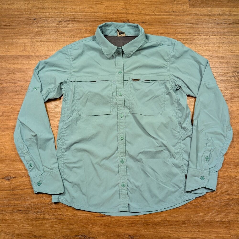REI Co-op Sahara Shirt Women Small Teal Lightweight Hiking Roll Tab Long Sleeve